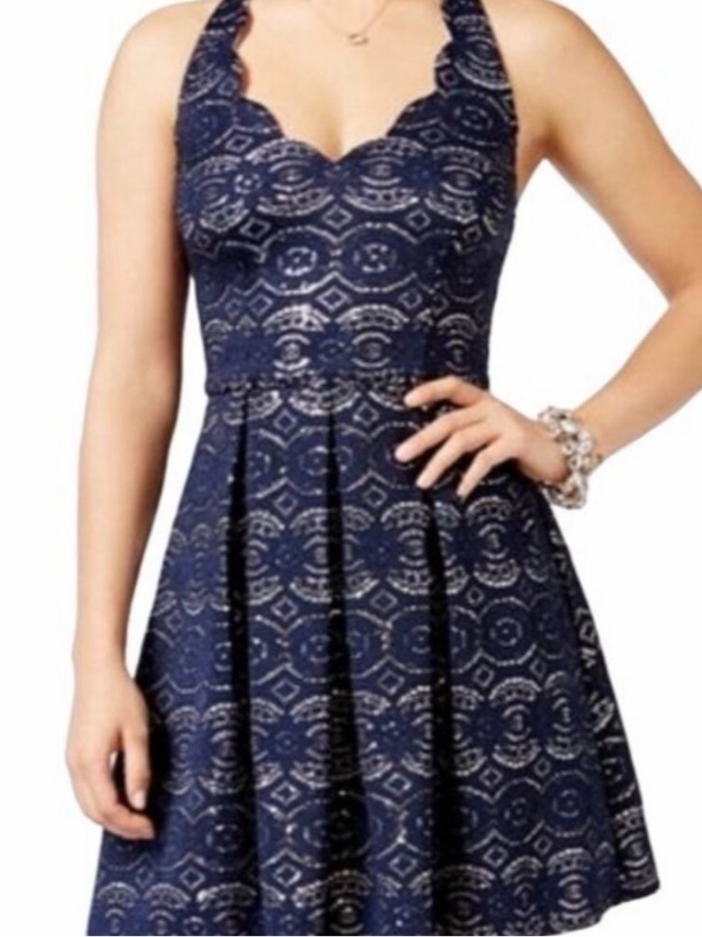 B. DARLIN Size 4 Halter Navy silver Sequin Lace dress